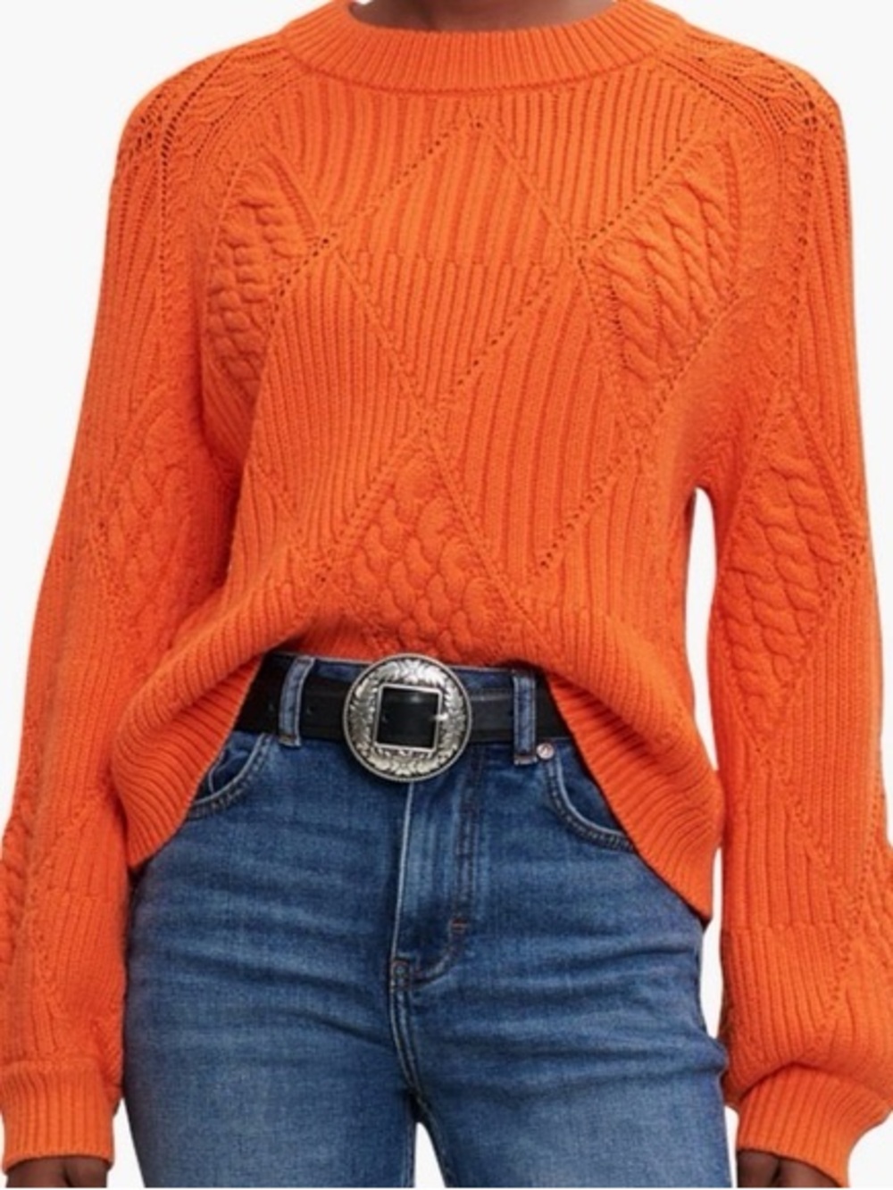 Maje Orange Cable-Knit Crewneck Sweater